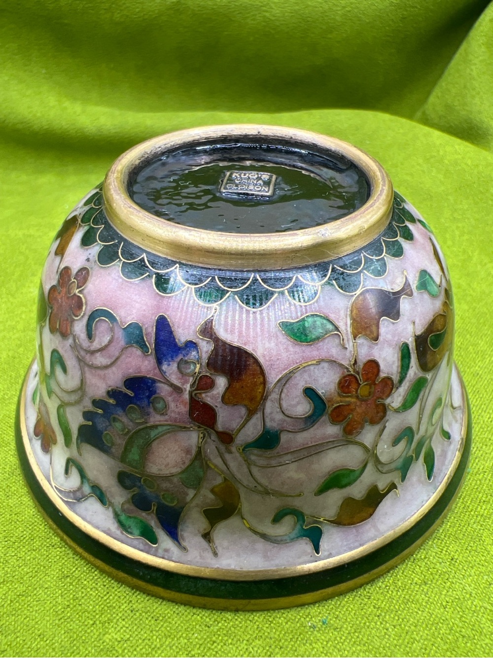 Vintage KUO’S China Cloisonné Butterfly Tea Bowl Pink Enamel Brass